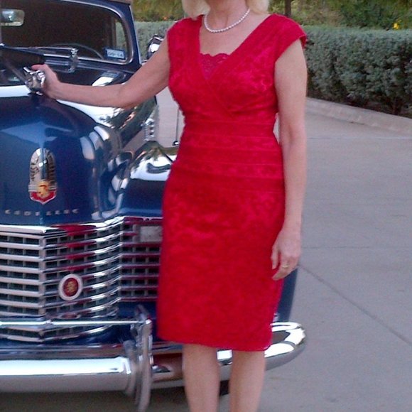 Tadashi Shoji Red Embroidered Cocktail Dress, V-neck, Bodycon, Holiday - Picture 3 of 11